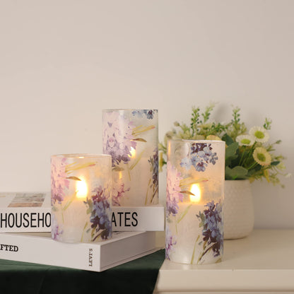 FLAVCHARM Floral Flameless Candles Decorative Battery Operated with Remote Hydrangea Flowers Romantic Lovers Flickering Pillar Candles for Wedding Tray Centerpiece Home Decor