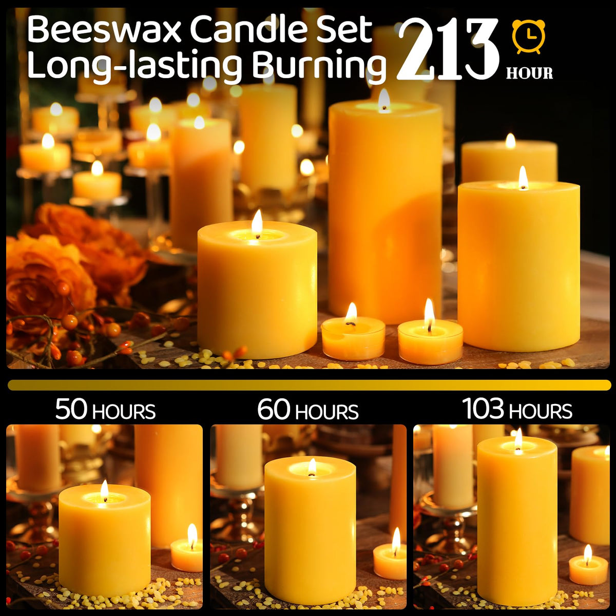 3 Pack Natural Beeswax Pillar Candles-213 Hours Long Burning,Natural Air Purifying Candle,Non-Toxic,Unscented Bees Wax Candle for Dinner Table Centerpieces,Spa,Meditation&Wellness (3x3,3x4,3x6in)