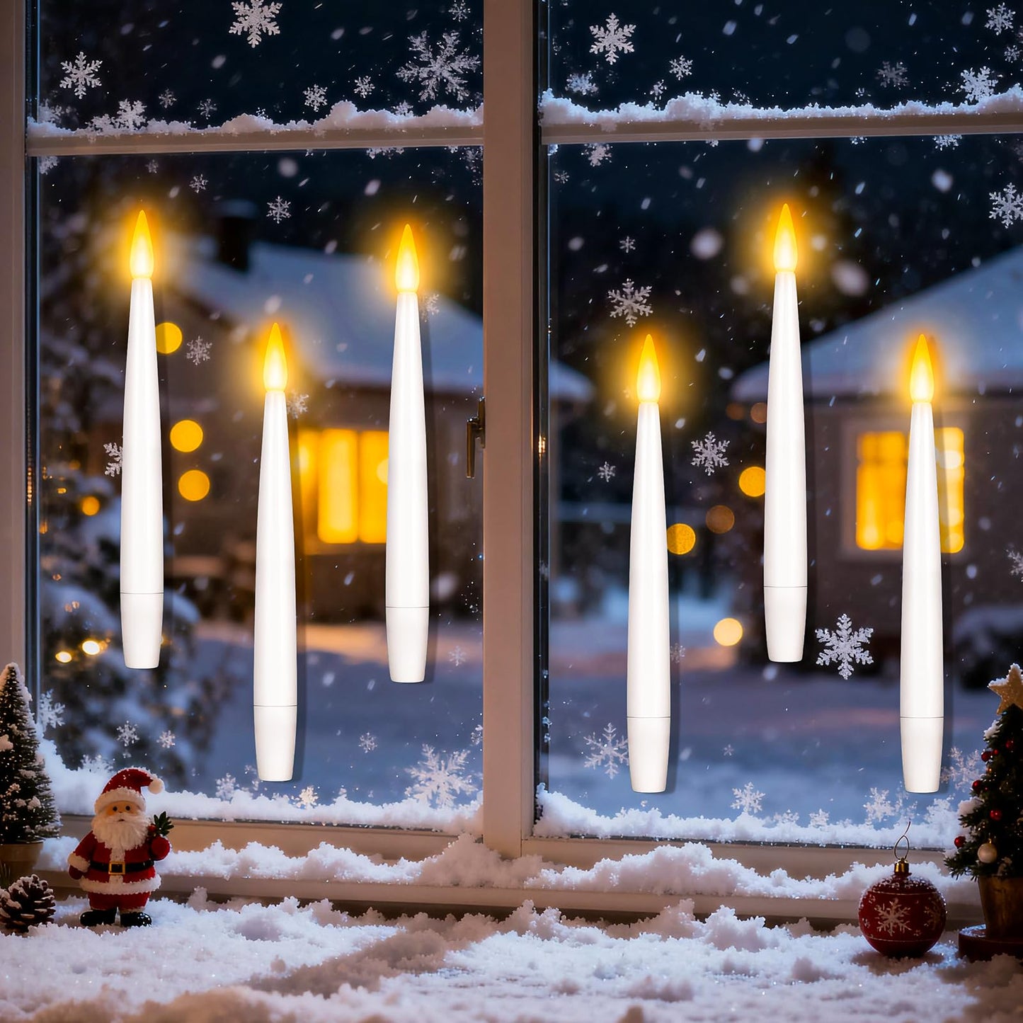 6.1" x 0.5" Window Candles with Sensor Dusk to Dawn, 6 Pcs Ivory Flameless Taper Candle with Dimmer Battery Operated with Nano Adhesive lasts up to 200+ Hours for XMas, Halloween Decor and Holiday