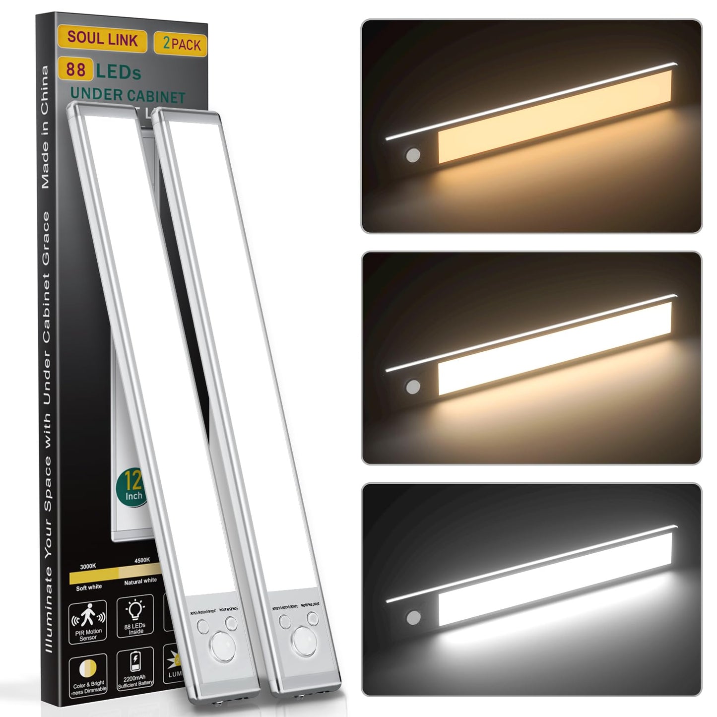 Under Cabinet Lights,88 LED Operated Motion Sensor Light Indoor,2200mAh USB Rechargeable Closet Lights, 2 Pack Magnetic Dimmable Closet Lights，Wireless Under Counter Lights for Kitchen, Stairs