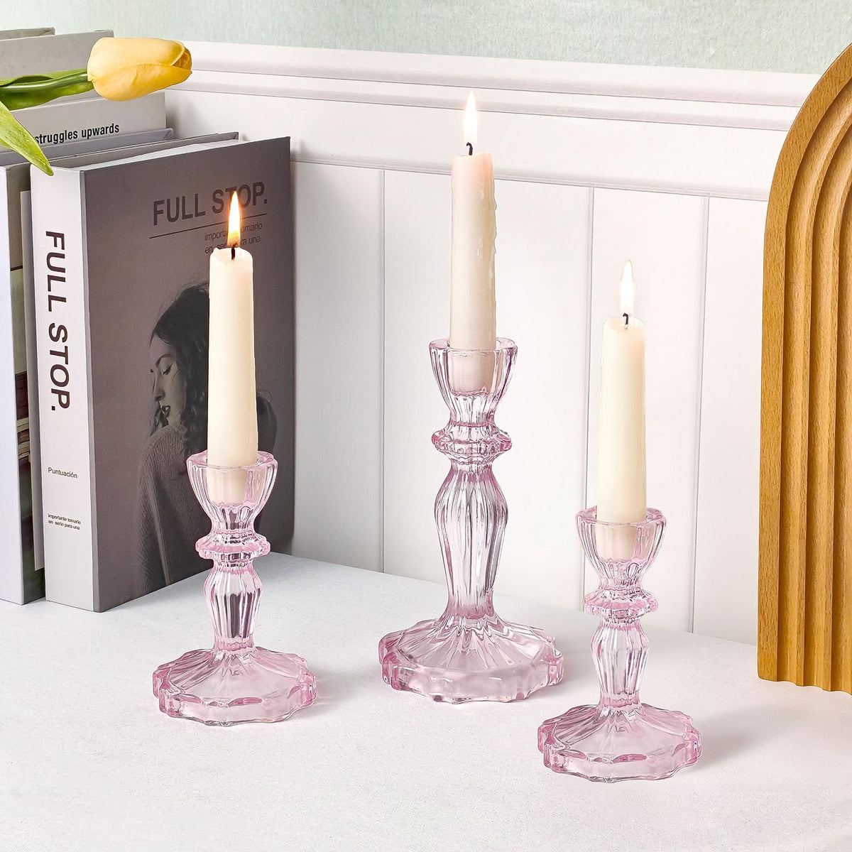 CHOCSTAY Glass Candlestick Holders Set of 3, Pink Stripe Taper Candle Holders for Table Centerpiece, Home Decorations, Wedding and Party