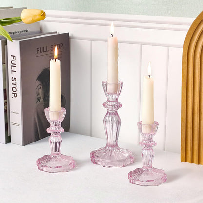CHOCSTAY Glass Candlestick Holders Set of 3, Pink Stripe Taper Candle Holders for Table Centerpiece, Home Decorations, Wedding and Party