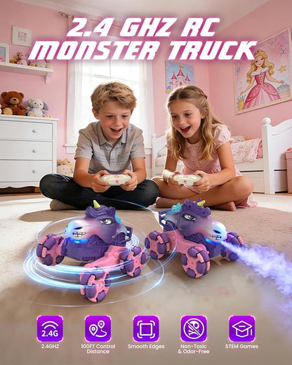 Remote Control Car 1:18 Pink Unicorn Monster Truck 360° Spin-Dance Light Music with Spray 2.4 GHz 4WD 120 Min Runtime Off-Road for Indoor &amp Outdoor Fun Toy Birthday Gifts for Girls Age 3+