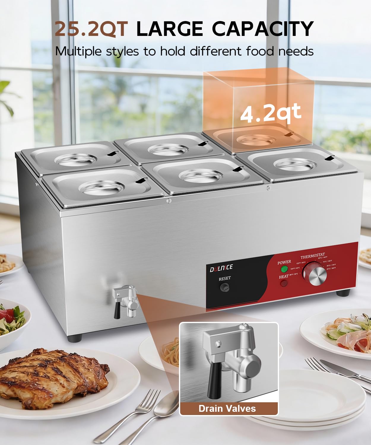 DULNICE 6-Pan Commercial Food Warmer, 1500W Stainless Steel Bain Marie with Anti-Dry Burn and Reset Button, Countertop Soup Warmer with Drain Tap, Soup Spoon for Buffet, Catering, Parties, Restaurants
