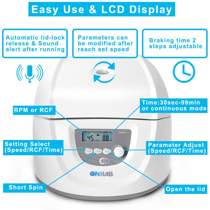 ONiLAB Lab benchtop Centrifuge Machine 6x50mL, 6X 15mL/10mL/7mL/1.5-5ml, Digital Desktop Lab Centrifuge, Timer 30sec-99min, Speed 300-4000rpm(Max. 1800xg)