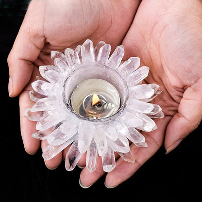 Natural Clear Quartz Crystal, Crystal Quartz Tealight Candle Holder Crystal Stone Candle Stand High Energy Geode Votive with Healing Effects (Not Included Candle)