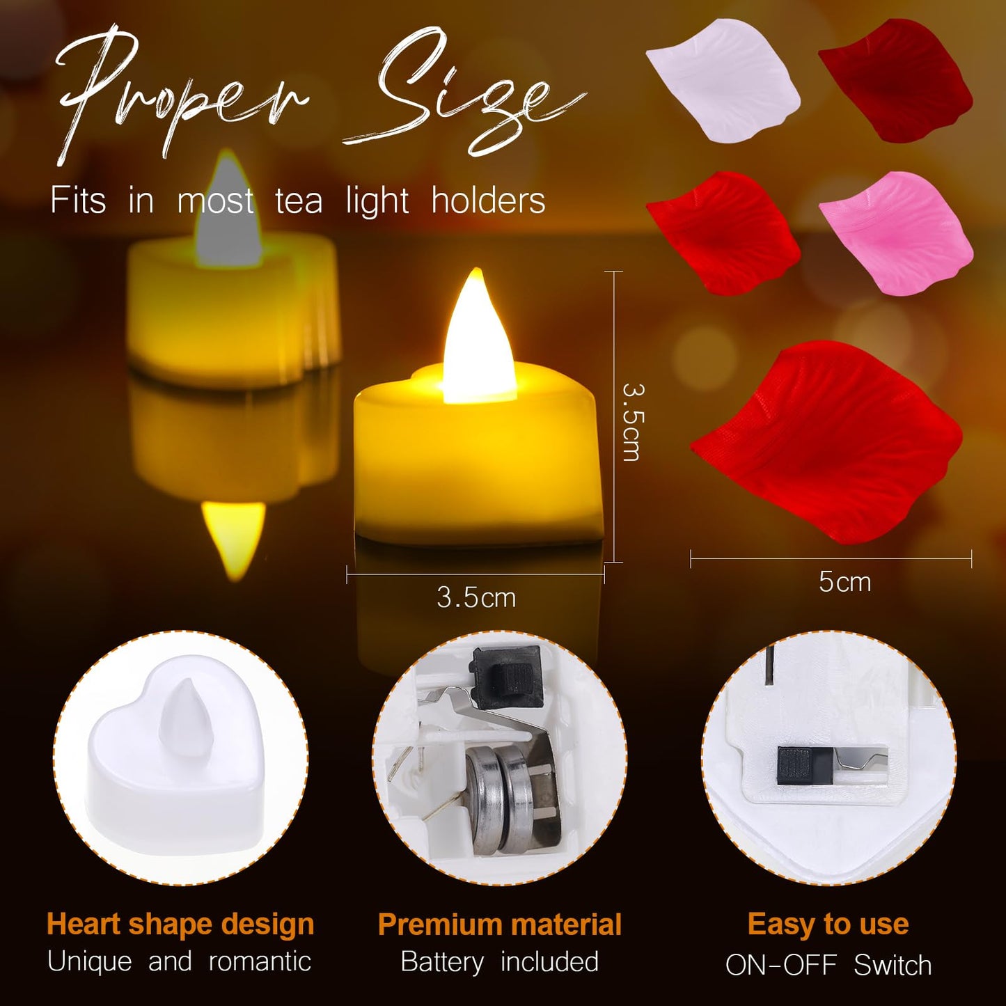 Honoson 1000 Pieces Artificial Rose Petals with 24 Pcs Flameless Heart Shaped LED Tealights Candles Special Romantic Night Decorations for Proposal Wedding Anniversary Table Decor(White with Yellow)