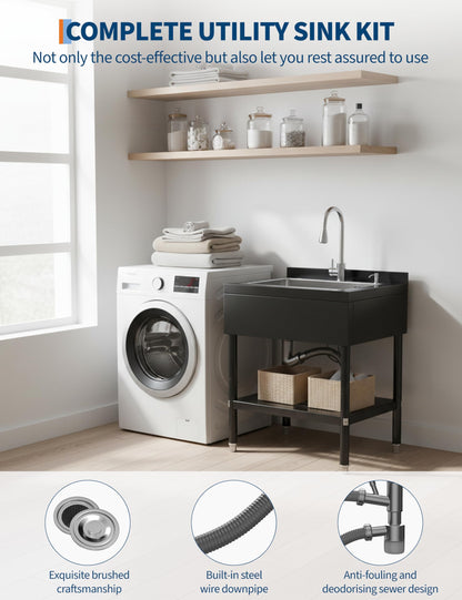 Stainless Steel Utility Sink, 31.1" × 22" × 37.8" Freestanding Laundry Tub for Kitchen, Bathroom, Garage, Basement | Includes Hot/Cold Plumbing, Hoses & Drain Kit
