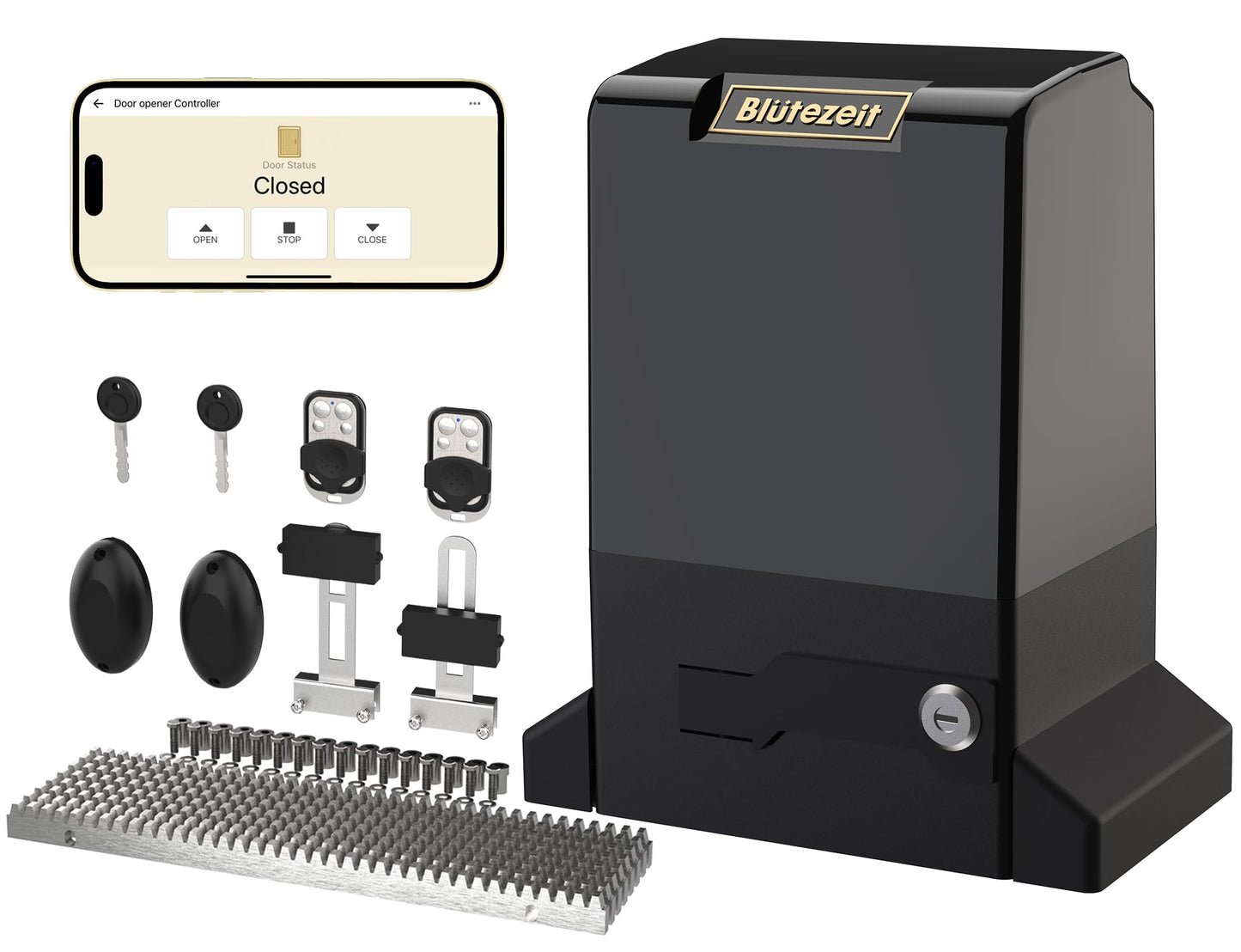 Blütezeit 220V Sliding Gate Opener 6300lb Heavy Duty (AC 220~240V), WiFi Control Slide Gate Motor 2.05HP Rack Driven with 2 Remote Controls & IR Sensor Complete Kits for Driveway Gates Up to 40ft