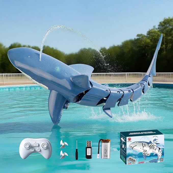 Remote Control Shark Pool Toy with 2.4GHz RC Submarine Boat Robo-Style Fish Tail Fish Pool Toy for Boys Girls Ages 6-12 Water Spray Function -Fun Robo Fish Toys for Kids Outdoor Water Play (Blue)