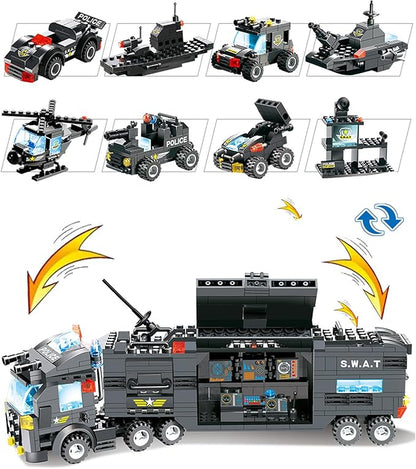 8 in 1 City Police Station Building Kit SWAT Mobile Command Center Truck Building Toy with Police Car Helicopter Patrol Boat Best Learning and Roleplay Swat Toy Gift for Boys and Girls-647 Pieces