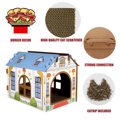 SEKAM Cardboard Cat House with Scratcher/Catnip (16.5''L x 12''W x 13''H), Play House for Indoor Cats， Cat Scratching Box & Hideaway Furniture, Hideout for Small Animals