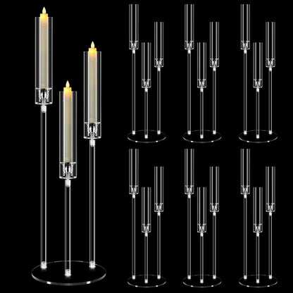 6 Set Acrylic Candelabra Centerpieces for Tables, Mjkeomo 30.7'' Clear Candle Holder 3 Arm Candlesticks Holder with Lampshade for Wedding Fireplace Dinner Party Decor Fit 0.87'' LED Candle