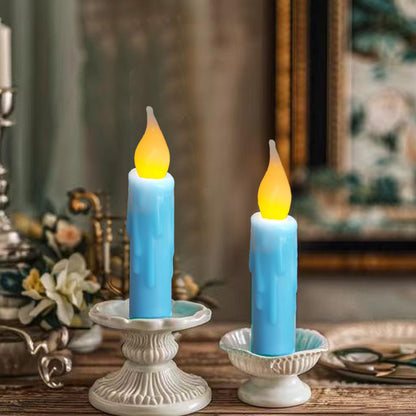 LINCOUNTRY.Primitive Wax Short Taper Candles Battery Operated with Timer Flameless Taper Candles Flickering Flame Small Led Blue Candlesticks for Christmas Halloween Home Decor