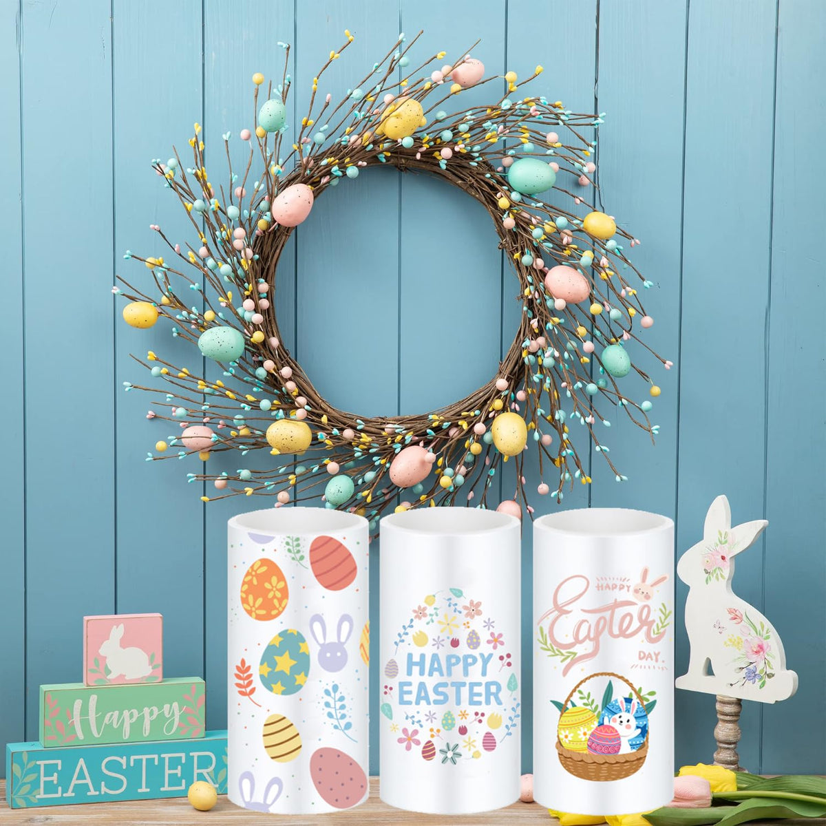 ONEIHOMM 3 Pcs Easter Flameless Candles,Battery Operated Candle, Rabbit Egg Design with Timer Remote, Happy Easter Day Gift for Bedroom Living Room Decor Farmhouse
