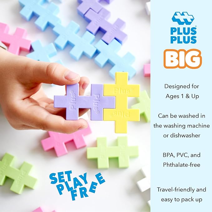 Plus Plus Big - Open Play Set - 100 Piece - Pastel Color Mix Construction Building Stem/Steam Toy Interlocking Large Puzzle Blocks for Toddlers and Preschool