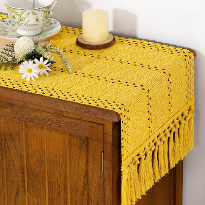 Socomi Boho Table Runner Easter Spring Farmhouse Rustic Dining Kitchen Centerpiece Decor Small Macrame Woven Cotton Linen Coffee Table Runner for Dresser Scarf Home Decor 12x60 in Yellow Gold