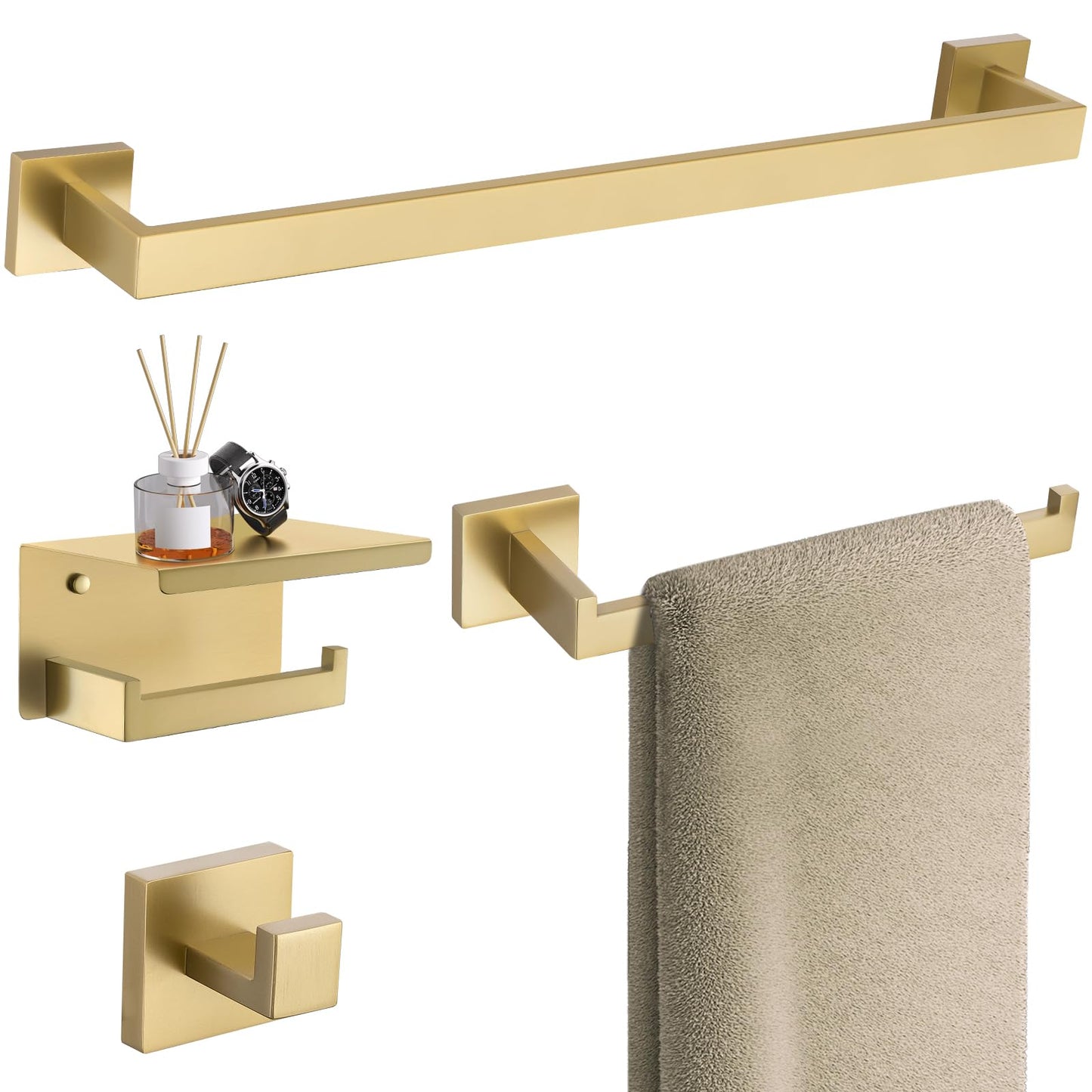 TURS Brushed Gold Bathroom Hardware Set 4-Piece Bath Towel Bar Set 24 Inch Stainless Steel Towel Holder Set for Bathroom Wall Mounted