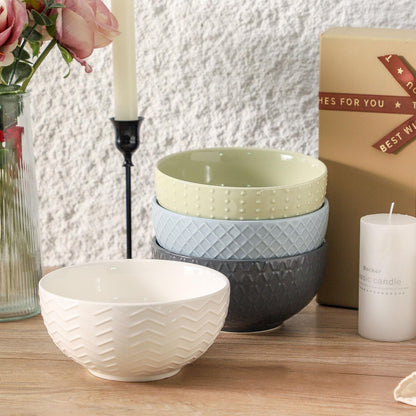 HASENSE Ceramic Cereal Bowls Set of 4, 26 OZ Soup Bowls, Embossed Stoneware Porcelain Bowls for Cereal, Soup, Oatmeal, Salad, Noodles & Rice, Microwave & Dishwasher Safe, Multi-Color