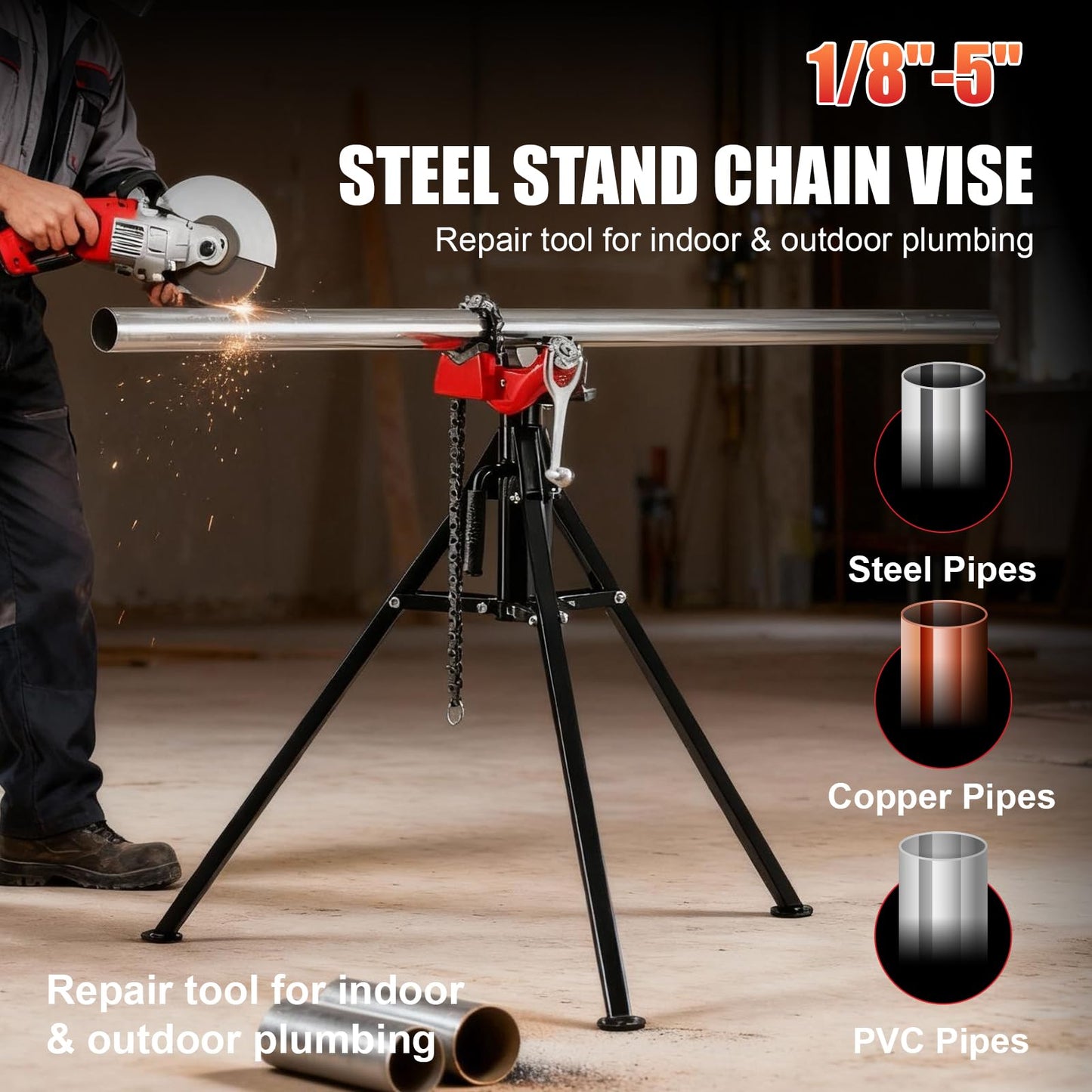 ALWALKEE Pipe Vise Stand with Chain, 2-in-1 Bender, 882LB Capacity, Folding Tripod for 1/8"-5" Pipes