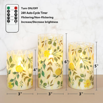 Crystal Club Yellow Floral Flameless Candles with Remote & Timer, 3D Wick Flickering Pillar LED Flameless Candles, Battery Operated for Home Wedding Party Festival Decor, Set of 3