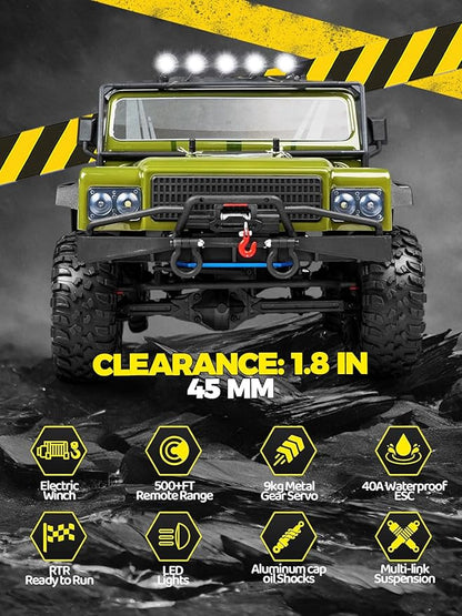 1:8 RC Cars for Adults – 4x4 Remote Control Car Rugged Brushed Motor Electric Off-Road RC Rock Crawler with 2-Speed Transmission Army Green All-Terrain RC Trucks Ready-to-Run RTR Set