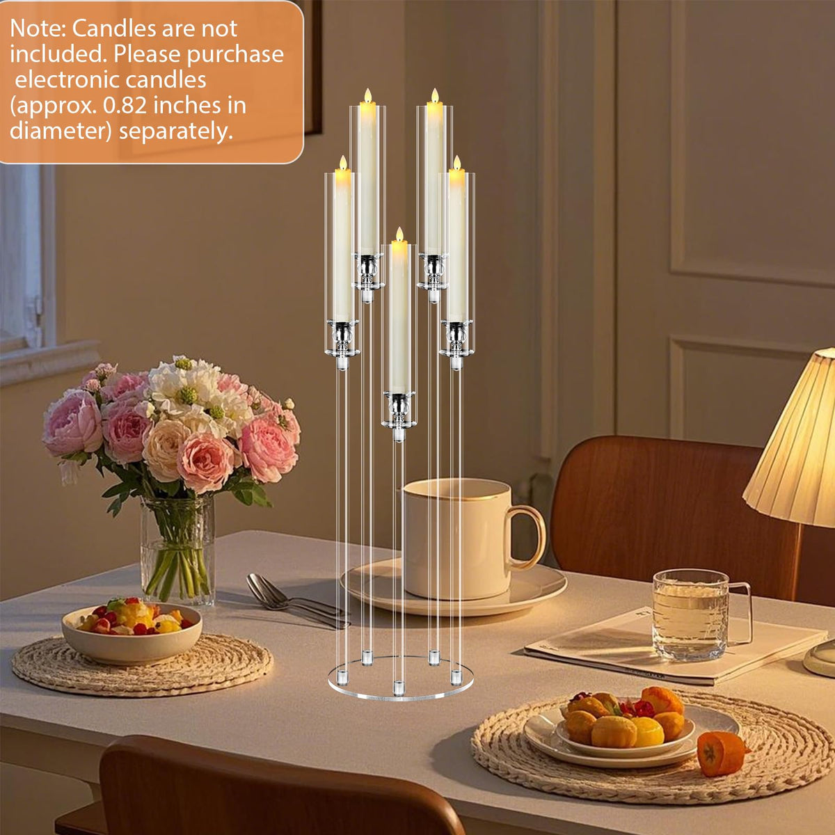 2Pcs 5 Arms Acrylic Candelabra Centerpieces for Tables Decortion,Clear Candle Holder for Wedding Dinner Fireplace Decoration,35 inches Tall Candlesticks Holder with Lampshade, Fits LED Candle