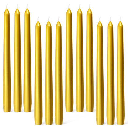 Everymoment Gold Taper Candles - 12 Pack 10 Inch Candlesticks - Dripless & Smokeless for 8 Hours - Unscented Paraffin Wax - Ideal for Wedding Christmas Anniversary New Year's Eve & Luxury Decor