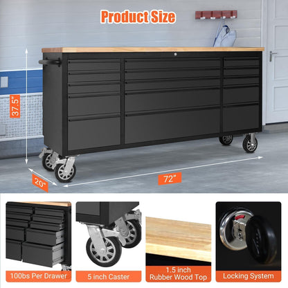 72" Heavy Duty Rolling Tool Chest,Locking Steel Tool Cabinet with 15 Drawers Mobile Workbench with Rubber Wood Work Surface Tool Box with Wheels for Workshop