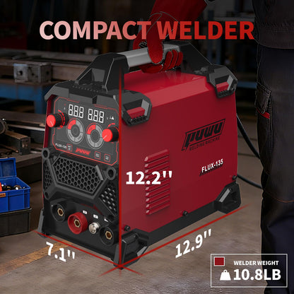 PUWU 135Amp 110V MIG Welder,Flux Core MIG/Lift TIG/Stick 3-in-1 Multiprocess Welder,IGBT Inverter Large LED Digital Display Welding Machine(RED)