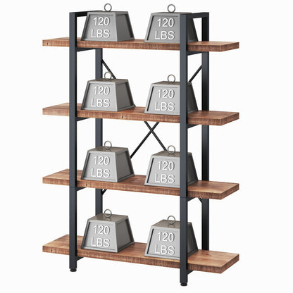 HSH Industrial 4 Tier Solid Wood Bookcase, Real Natural 4 Shelf Rustic Wooden and Metal Bookshelf, Farmhouse Open Vintage Etagere Book Shelf for Office Living Room Bedroom Storage, Distressed Brown