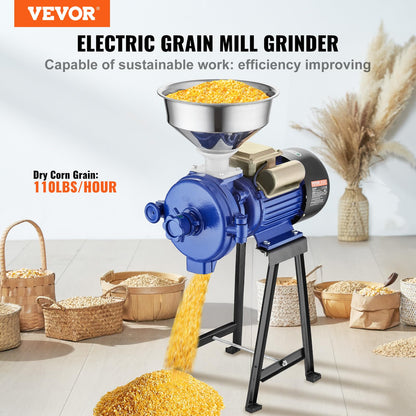 VEVOR Electric Grain Mill Grinder, 3000W Spice Grinders, Commercial Corn Mill with Funnel, Thickness Adjustable Powder Machine, Heavy Duty Feed Flour Cereal Mill Wheat Grinders, Dry Grinder
