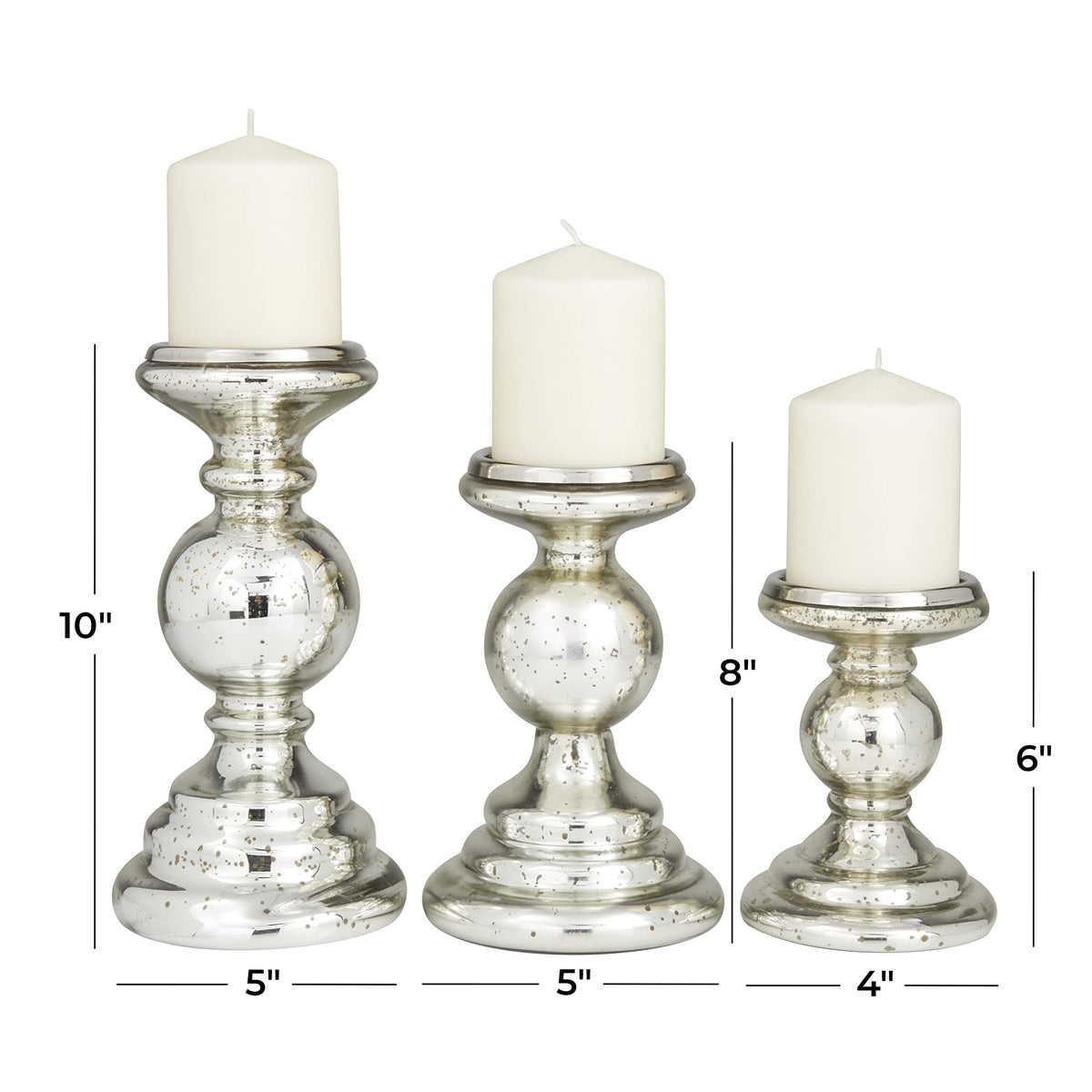 Deco 79 Glass Decorative Candle Holder Turned Style Pillar Candle Stand, Set of 3 Candlestick Holder 10", 8", 6"H, Silver