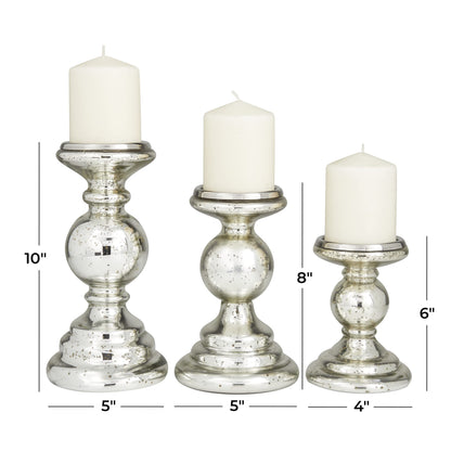Deco 79 Glass Decorative Candle Holder Turned Style Pillar Candle Stand, Set of 3 Candlestick Holder 10", 8", 6"H, Silver