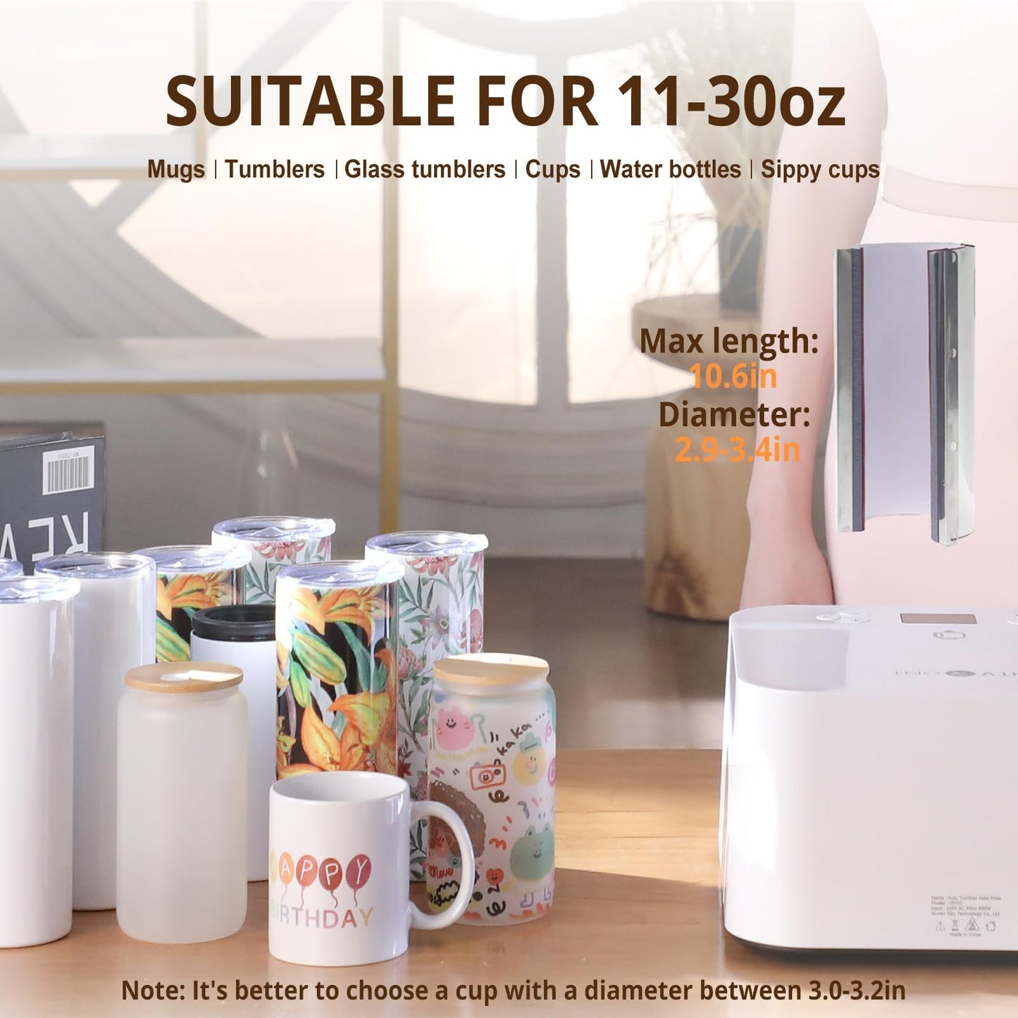 HTVRONT Auto Tumbler Heat Press Machine - Mug Heat Press Heat Up Fast & Even, Professional Tumbler Press High-Security for 2.9"-3.2" Sublimation Tumblers, Cups, Glasses and Mugs, White