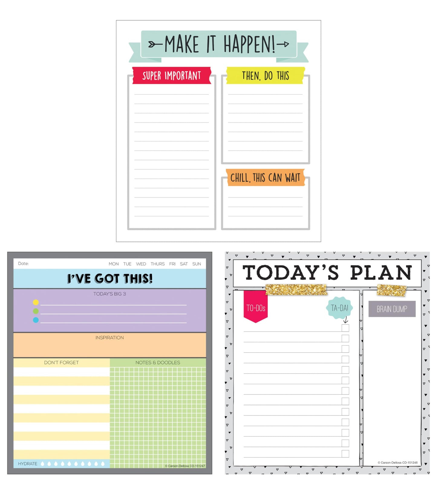 Carson Dellosa Notepad 3-Pack Set, Note Pads for To Do List, Sketch Pad, Grocery List, Checklist, and Classroom Organization Stationary, Desk Accessories and Office Supplies