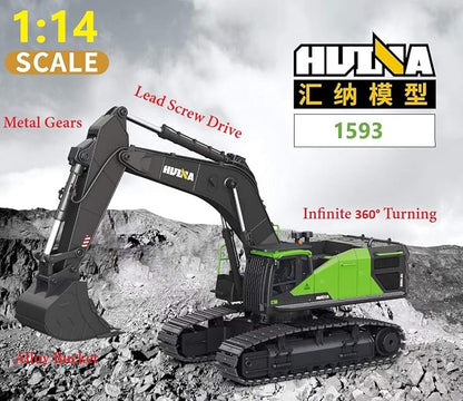 RC Excavator for Adults Huina 1593 Fully Functional 1:14 Toy 28 Channel Remote Control Truck Construction Vehicle Metal Bucket LED Lights Simulating Sounds 2 Batteries and Gripper 2026 Model