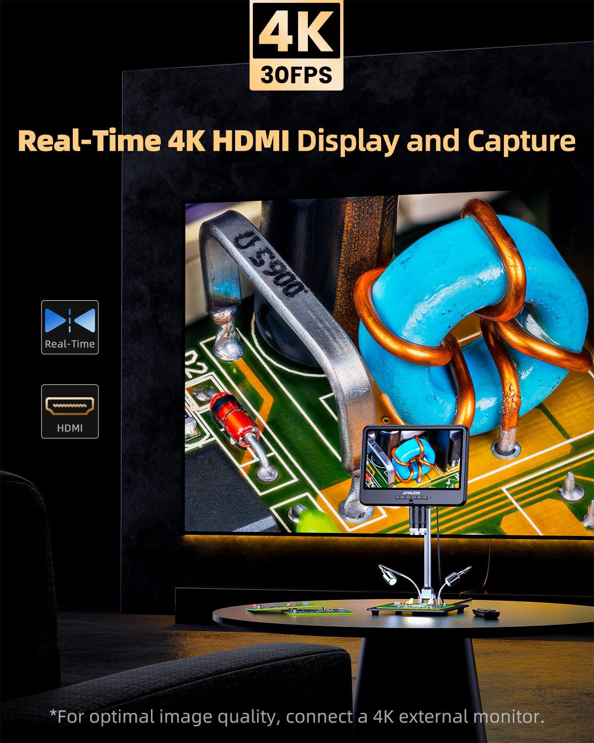 4K 30FPS HDMI Digital Microscope with 10.1" Screen, JL208S 4K Soldering Microscope Camera for Electronics, UHD 3840P Video Audio, Coin Magnifier Full View for Adults, 12.6'' Metal Stand 8 LED, 64GB