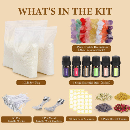 SACATR 10LB Soy Wax Candle Making Kit,Natural 100% Soy Wax for Candle Making, with Essential Oils, Raw Crystals,Dried Flowers,Wicks,Candle Making Supplies for DIY Scented Candles,Holiday Gifts