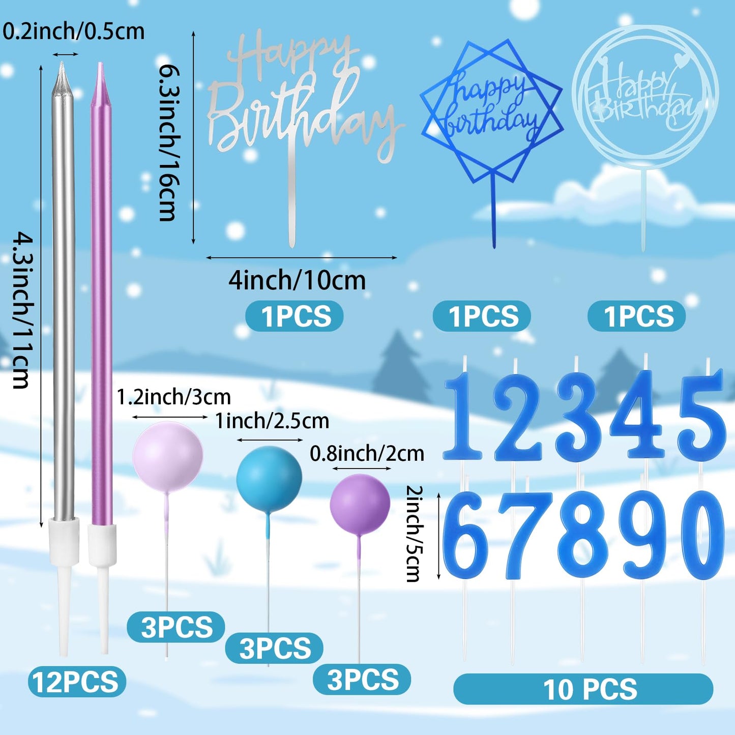 Yerliker 34 Pcs Happy Birthday Cake Toppers Decorations Birthday Candles DIY Cake Decor for Men Women Wedding Anniversary(Blue Purple)
