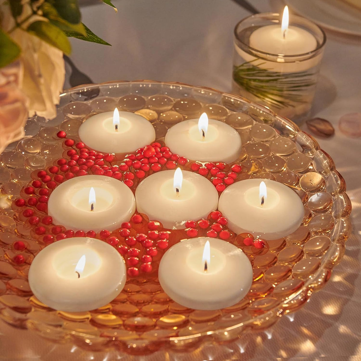 10 Hour Floating Candles, 3'' White Unscented Dripless Wax Discs, for Cylinder Vases, Centerpieces at Wedding, Party, Pool, Holiday (24 Set)