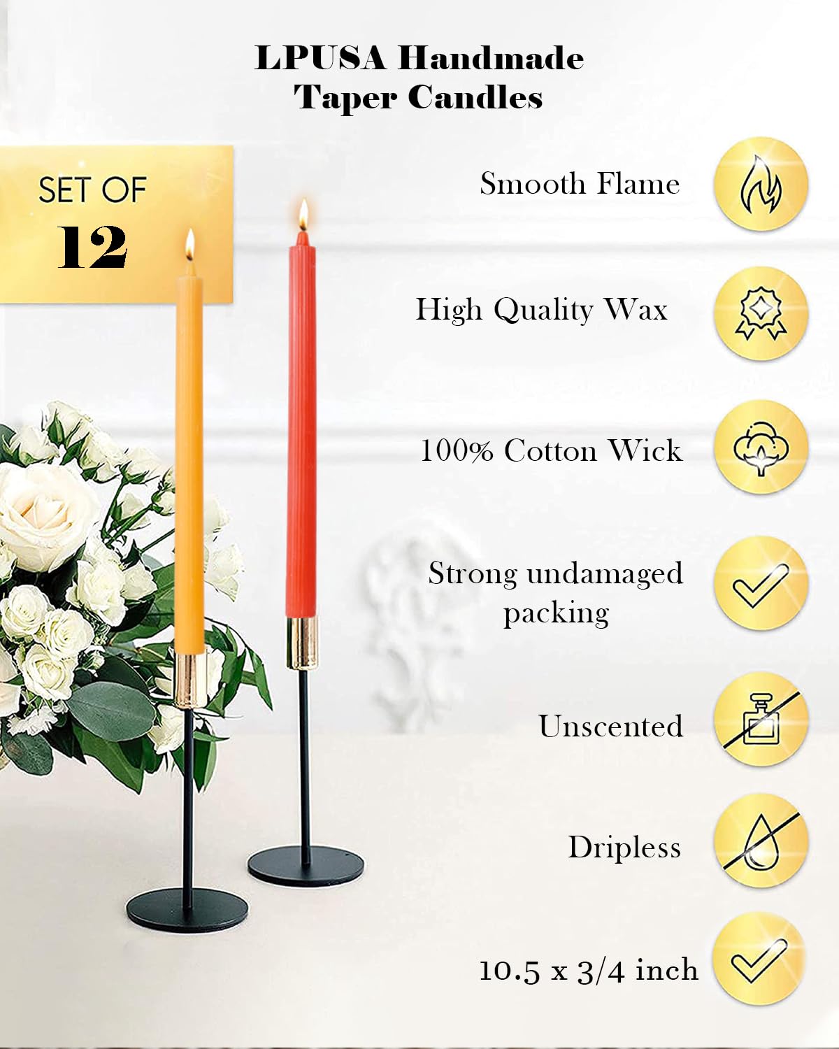 LPUSA Orange Taper Candles 10.5 inch Pastel Candle Sticks Unscented Driples Tapered Candle Ideal as Dinner Candles Smokeless Long Burning,Set of 12