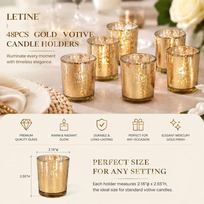 LETINE 48pcs Gold Votive Candle Holders – Glass Tea Light Candles Holder, Standard Votive Size for Regular Votive Candles – Bulk Candle Holder for Party Decorations, Bridal Shower, Holiday Decor