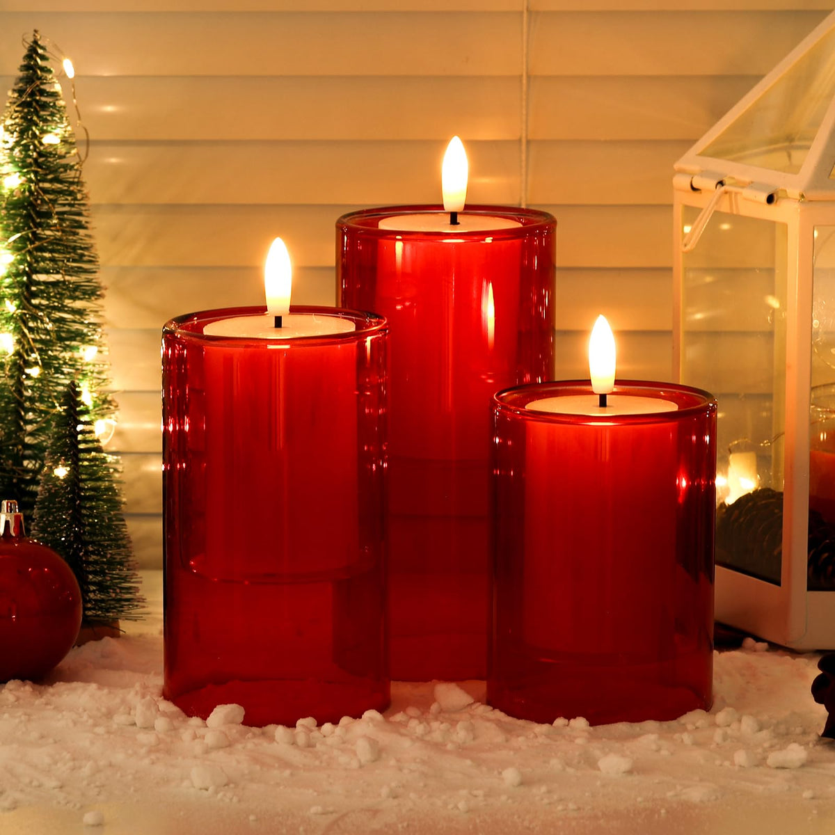 NURADA Flameless Candles with Remote Timer: 3D Wick Battery Operated Led Pillar Candle Fake Candles Set for Wedding Birthday Halloween Christmas Decorations - Red