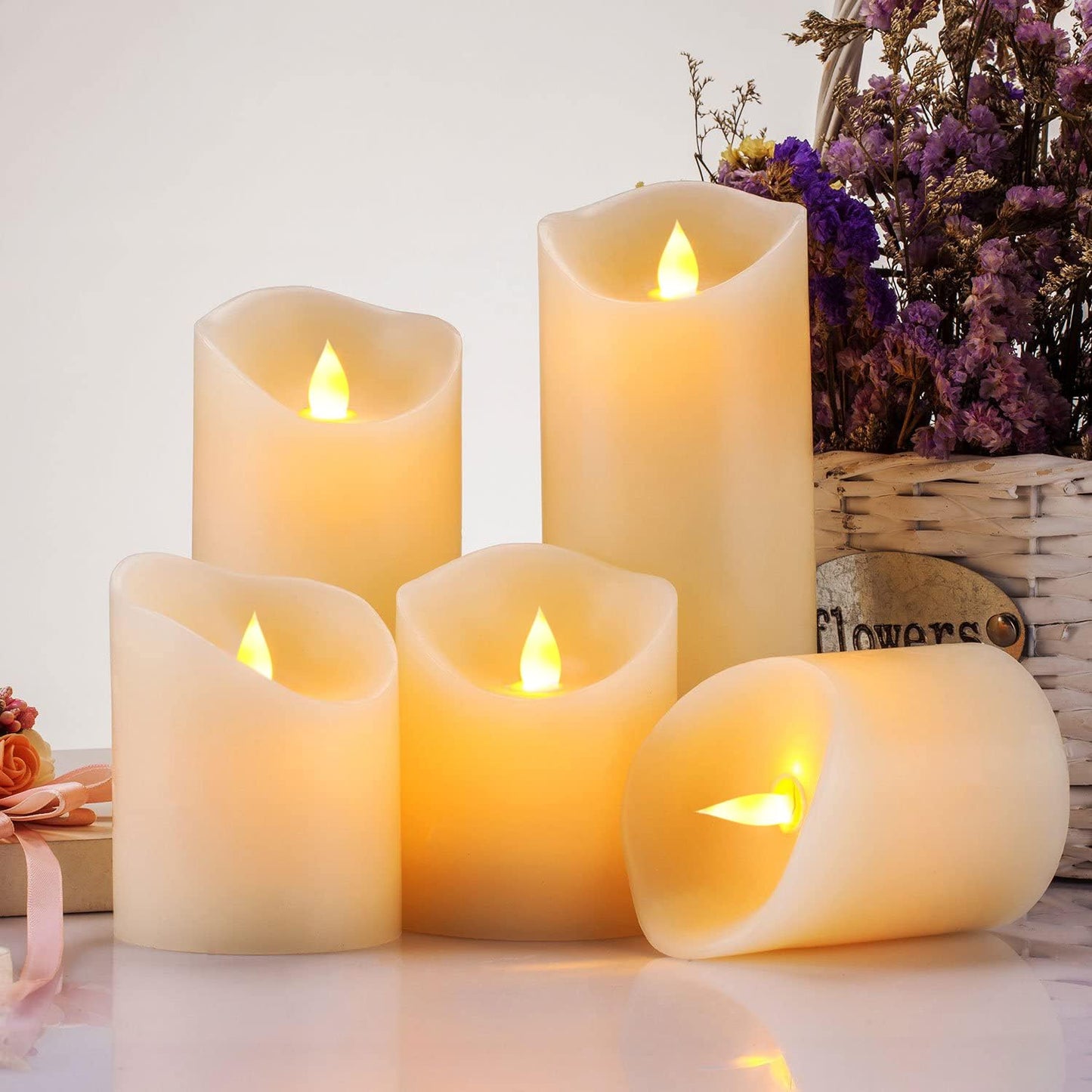 Enpornk Flameless Candles, Flickering Moving Flame LED Candles Set of 5 (Size: D: 3" x H: 4"/4"/4"/6"/6") Pillar Realistic Real Wax Battery Operated Candles with Remote Control 2 4 6 8 Hours Timer