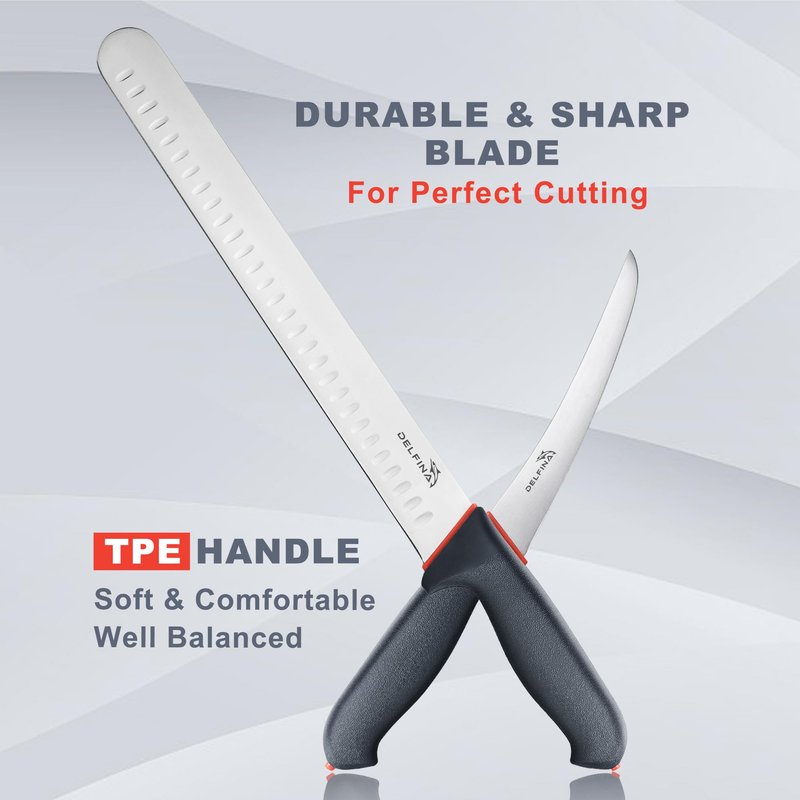 DELFINA Professional 2 Piece BBQ & Butcher Knife Set, Japanese Style Premium Stainless Steel Chef Knife Set W/SoftGrip Handle, Multi-Purpose Slicing & Boning Knife Set for Kitchen Home Restaurant
