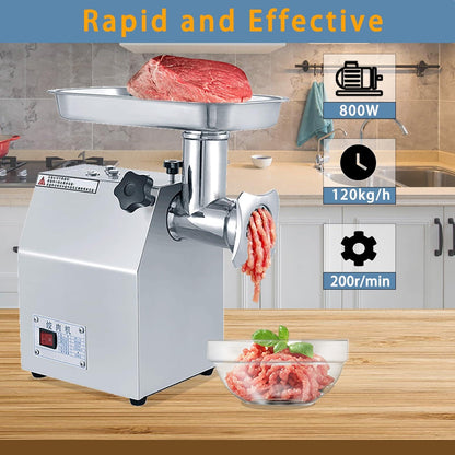 800W Commercial Electric Meat Grinder for Home and Restaurant, Heavy Duty Stainless Steel Mincer with Sausage Stuffer, 6mm/8mm Plates, Dual Blades, Food Processor for Meat, Poultry, Fish, Veg