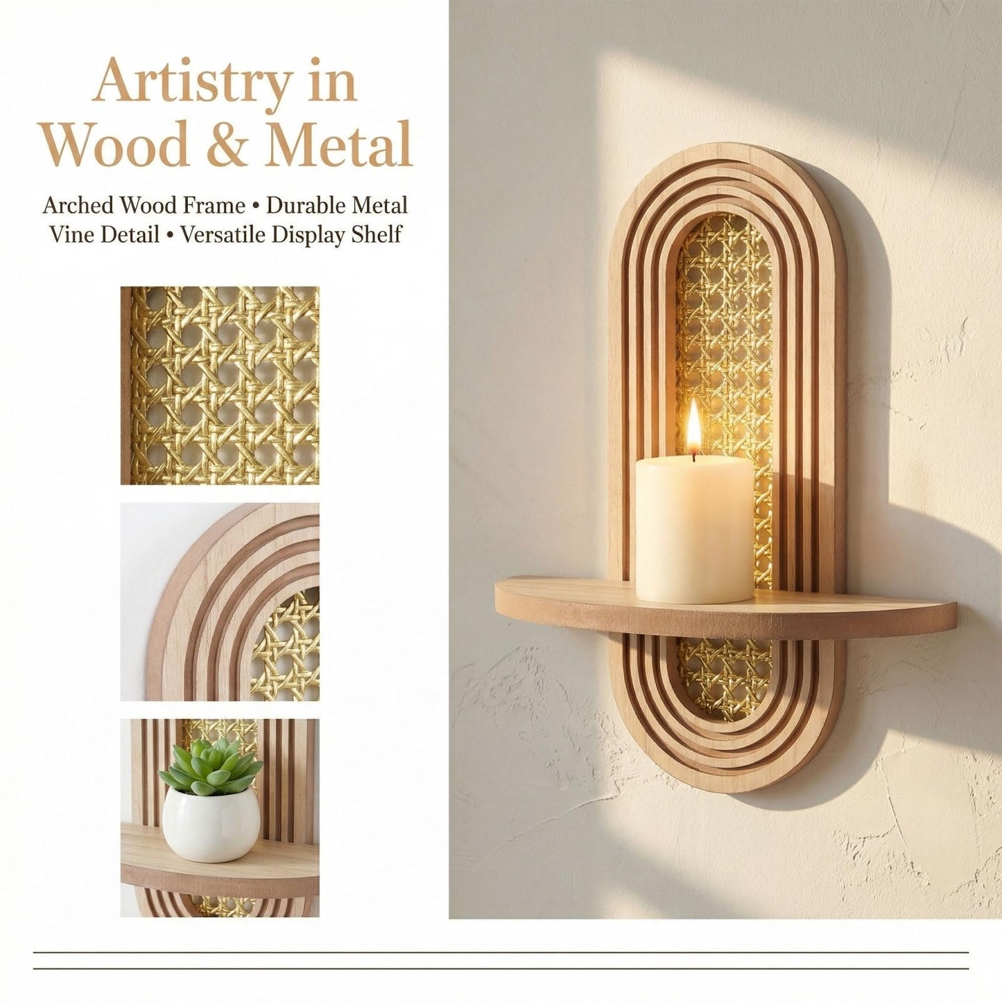Wall Candle Holder Sconce, Set of 2 Wooden Wall Mounted Candle Holder with Arched Shelf and Gold Metal Vine Detail, Decorative Wall Sconce for Pillar Candles, Living Room Bedroom Entryway Decor