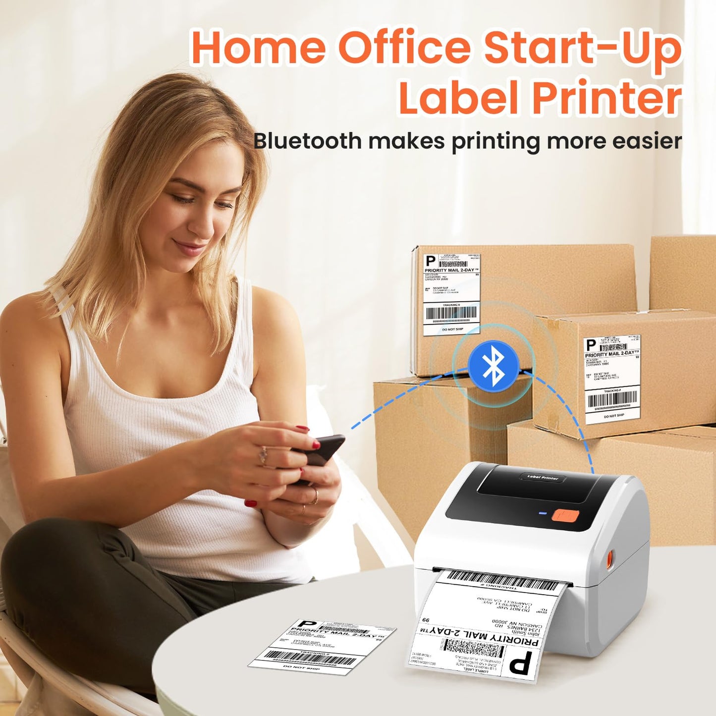 Omezizy Bluetooth Shipping Label Printer with 3 Roll Labels, D450BT White Thermal Label Printer 4x6 for Small Business, Thermal Printers Come with 750PCS 4x6‬ White Labels (250 Labels/Roll)