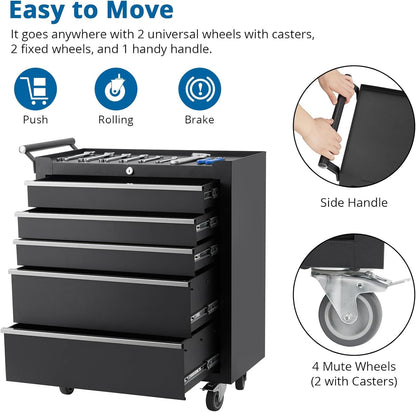 Rolling Tool Box with Wheels, 5 Drawer Tool Storage Cabinet, Portable Toolbox Organizer with Lock, Heavy Duty Tool Chest Cart for Garage, Mechanic, Workshop, Shop, Mobile Tool Organizer, Black